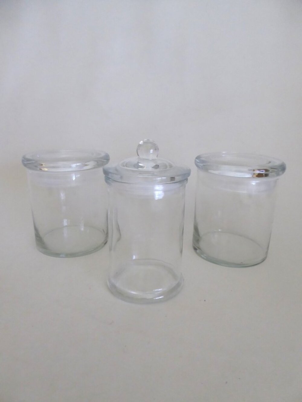 NEW 4.75” & 6” THICK GLASS JARS LIDDED PLASTIC AIR TIGHT SEALS (LOT OF 3)